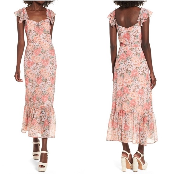 WAYF Valerie Blouson Midi Dress In Coral Floral | Size S - Picture 1 of 11
